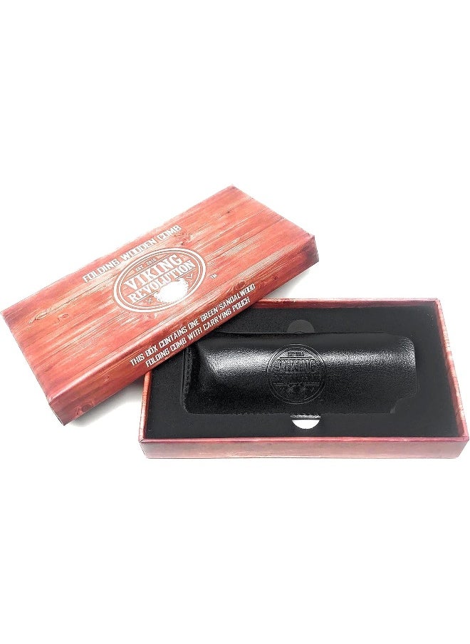 Folding Beard Comb w/Carrying Pouch for Men - All Natural Wooden Beard Comb w/Gift Box - Green Sandalwood Comb for Grooming & Combing Hair, Beards and Mustaches by Viking Revolution