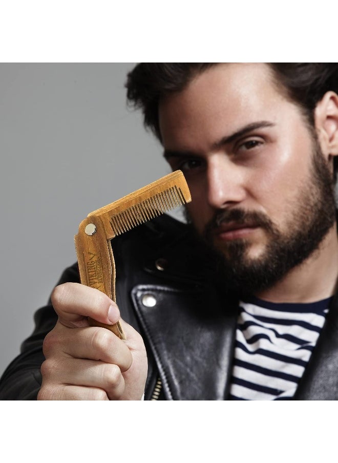 Folding Beard Comb w/Carrying Pouch for Men - All Natural Wooden Beard Comb w/Gift Box - Green Sandalwood Comb for Grooming & Combing Hair, Beards and Mustaches by Viking Revolution