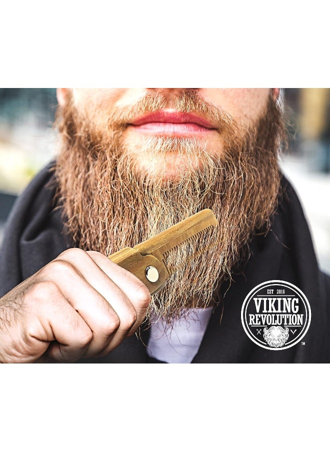 Folding Beard Comb w/Carrying Pouch for Men - All Natural Wooden Beard Comb w/Gift Box - Green Sandalwood Comb for Grooming & Combing Hair, Beards and Mustaches by Viking Revolution
