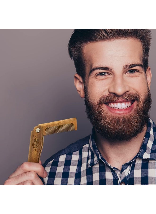 Folding Beard Comb w/Carrying Pouch for Men - All Natural Wooden Beard Comb w/Gift Box - Green Sandalwood Comb for Grooming & Combing Hair, Beards and Mustaches by Viking Revolution