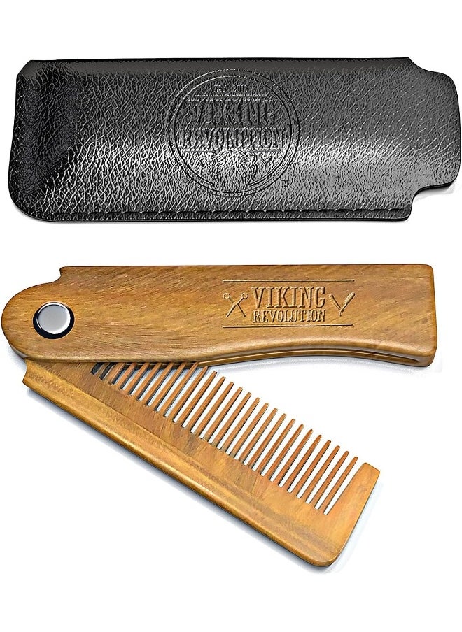 Folding Beard Comb W/Carrying Pouch For Men - All Natural Wooden Beard Comb W/Gift Box - Green Sandalwood Comb For Grooming & Combing Hair, Beards And Mustaches
