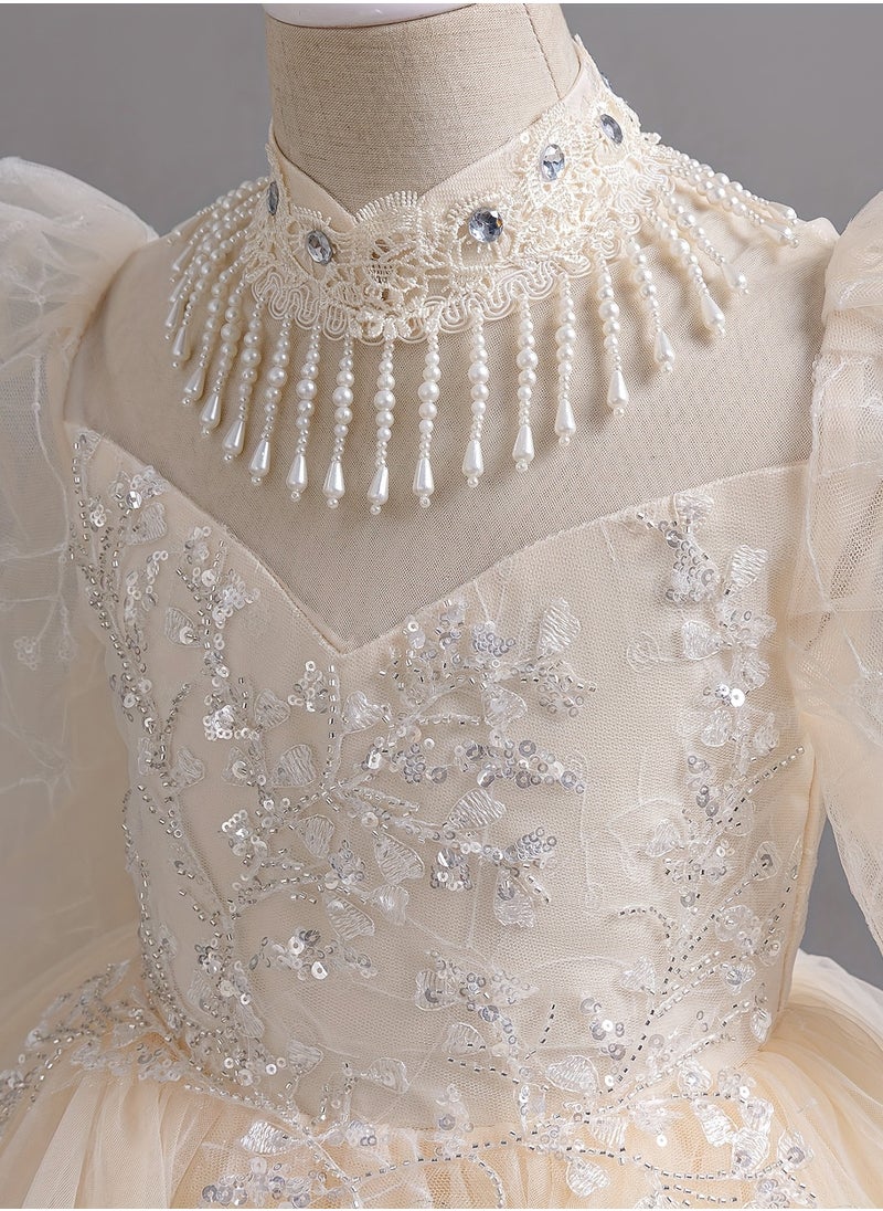 Long Sleeve Evening Gown with Pearl Detail Perfect for Piano Performances And Fashion Shows,Eid Festival All Season Polyester Dress