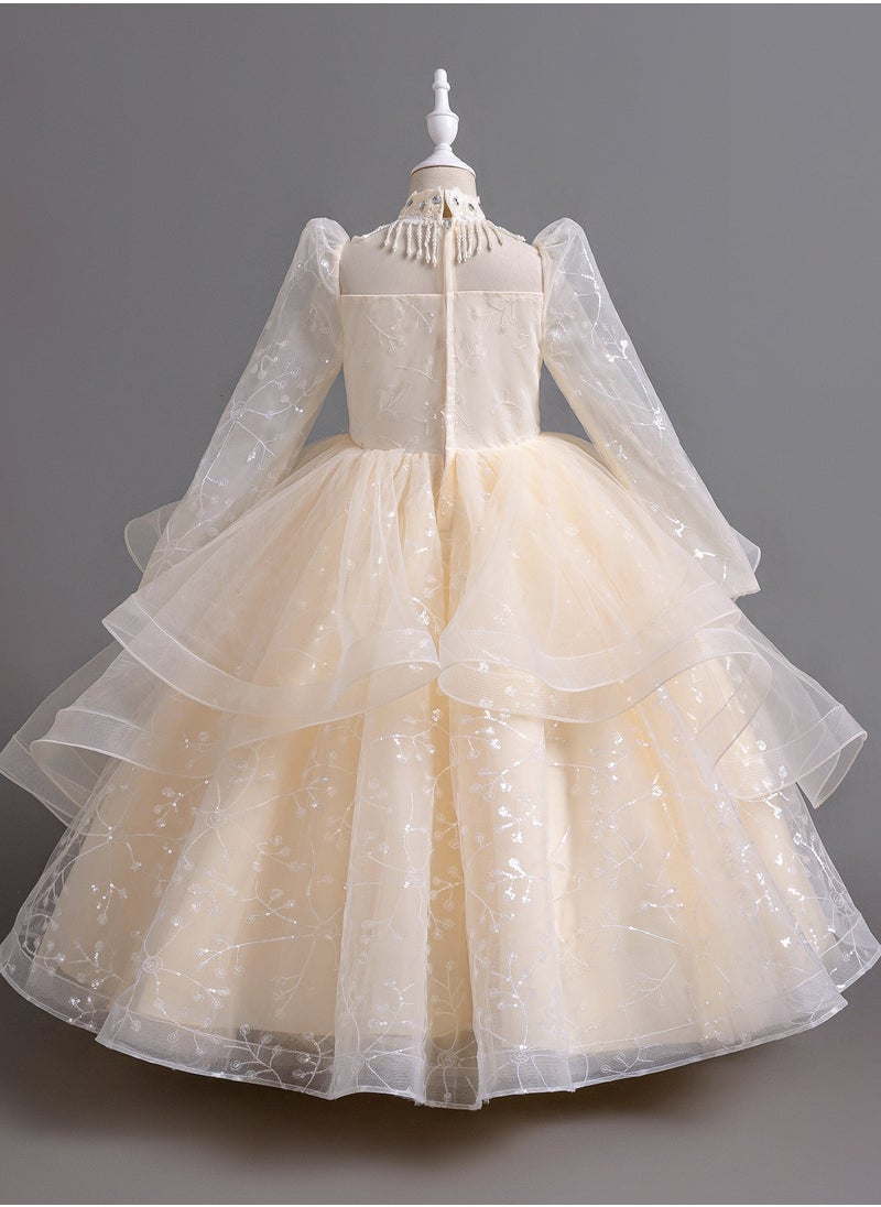 Long Sleeve Evening Gown with Pearl Detail Perfect for Piano Performances And Fashion Shows,Eid Festival All Season Polyester Dress