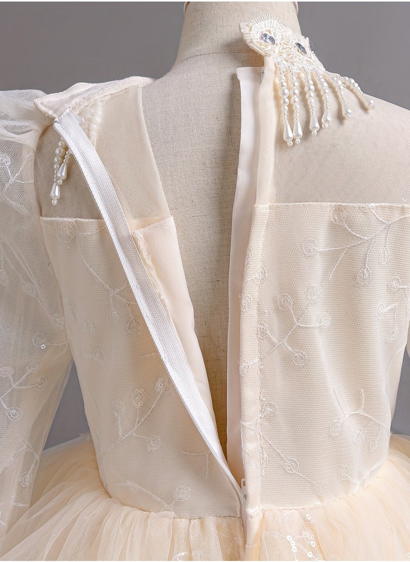 Long Sleeve Evening Gown with Pearl Detail Perfect for Piano Performances And Fashion Shows,Eid Festival All Season Polyester Dress