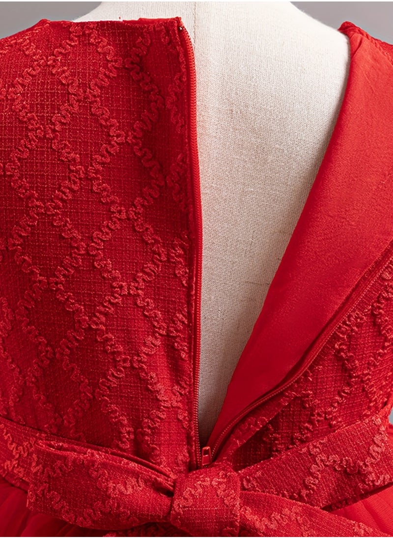 Dress Set with Contrast Mesh, Knee Length Party Princess Dress for Birthday Eid and Formal Events 65% Polyester 35% Viscose All Season Non Stretch Fabric Woven Solid Color Dresses Red