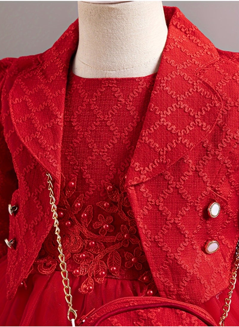 Dress Set with Contrast Mesh, Knee Length Party Princess Dress for Birthday Eid and Formal Events 65% Polyester 35% Viscose All Season Non Stretch Fabric Woven Solid Color Dresses Red