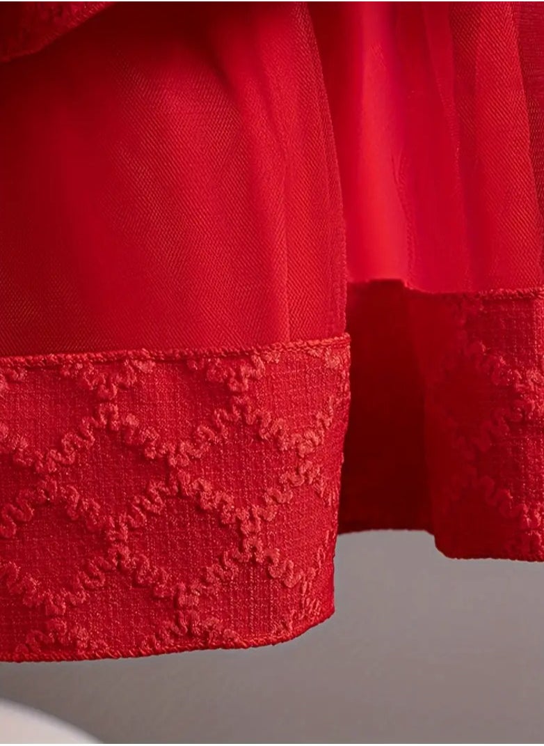 Dress Set with Contrast Mesh, Knee Length Party Princess Dress for Birthday Eid and Formal Events 65% Polyester 35% Viscose All Season Non Stretch Fabric Woven Solid Color Dresses Red