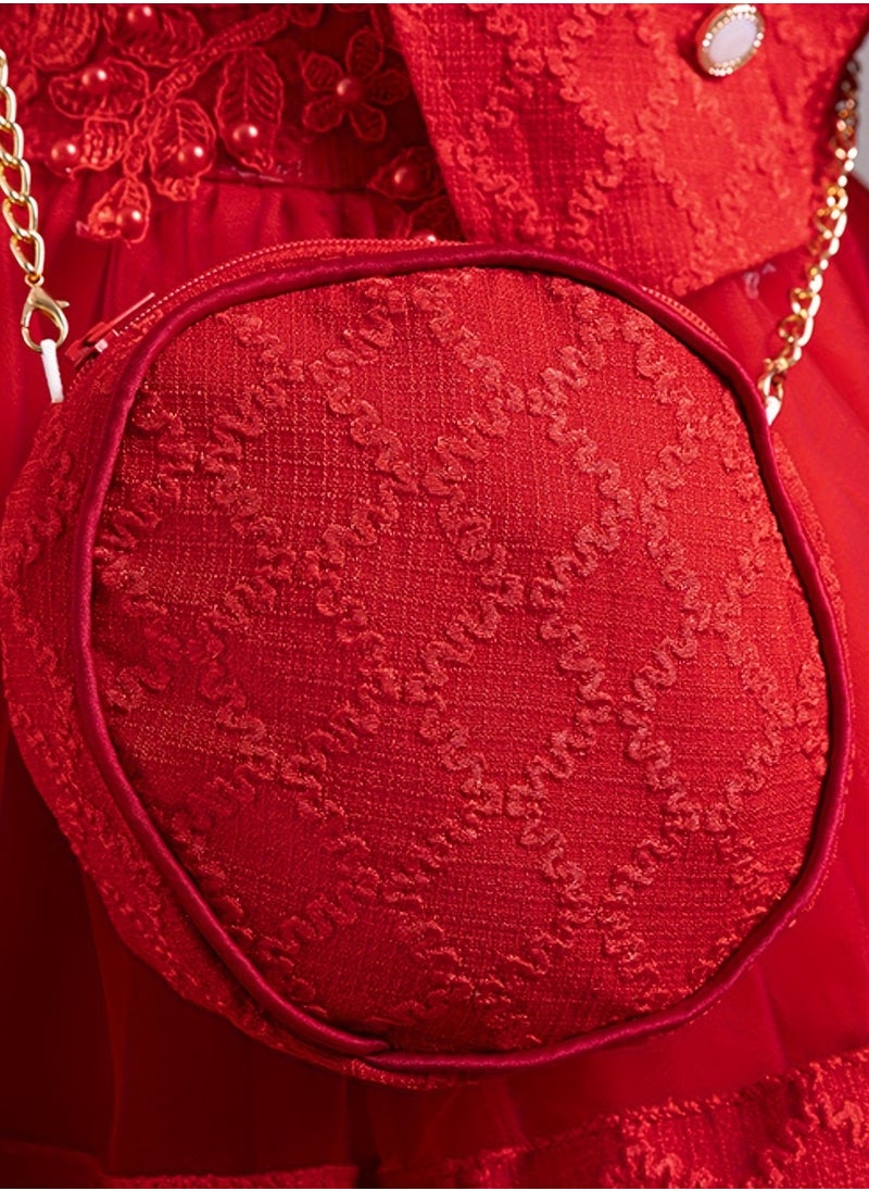 Dress Set with Contrast Mesh, Knee Length Party Princess Dress for Birthday Eid and Formal Events 65% Polyester 35% Viscose All Season Non Stretch Fabric Woven Solid Color Dresses Red