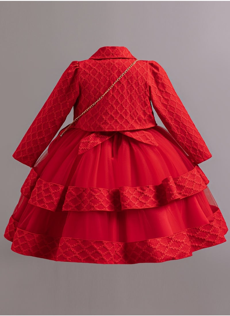 Dress Set with Contrast Mesh, Knee Length Party Princess Dress for Birthday Eid and Formal Events 65% Polyester 35% Viscose All Season Non Stretch Fabric Woven Solid Color Dresses Red