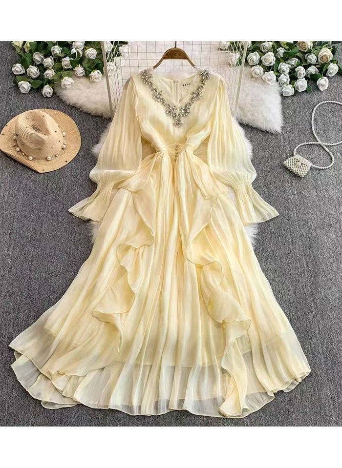 New Fashion Heavy Industry Embroidered Beads and Diamonds V-neck Waist Collection Style Palace Style Dress
