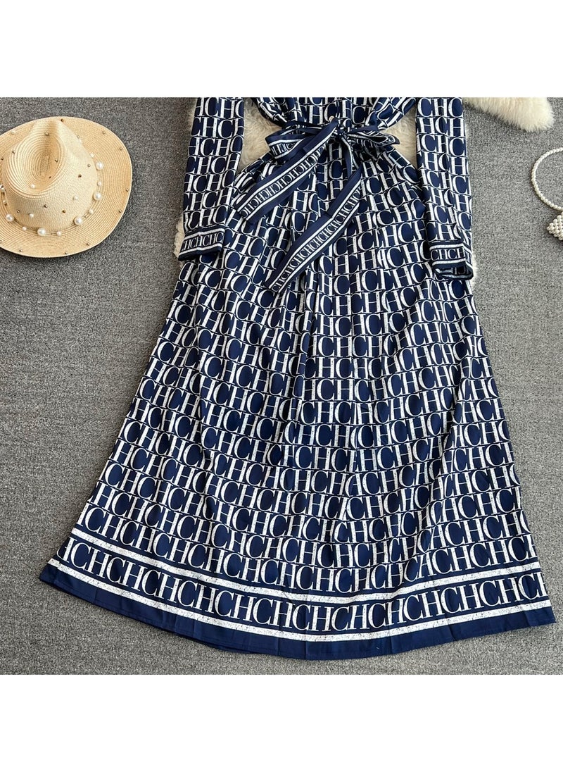 Retro Style Long Sleeved Lapel Cinched Waist Slimming A-Line Printed Shirt Dress