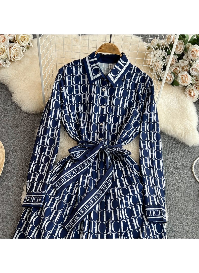 Retro Style Long Sleeved Lapel Cinched Waist Slimming A-Line Printed Shirt Dress