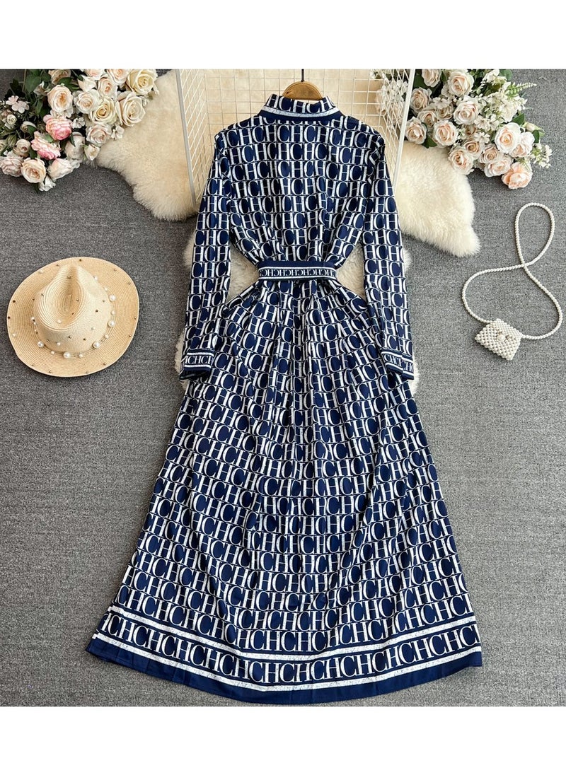 Retro Style Long Sleeved Lapel Cinched Waist Slimming A-Line Printed Shirt Dress