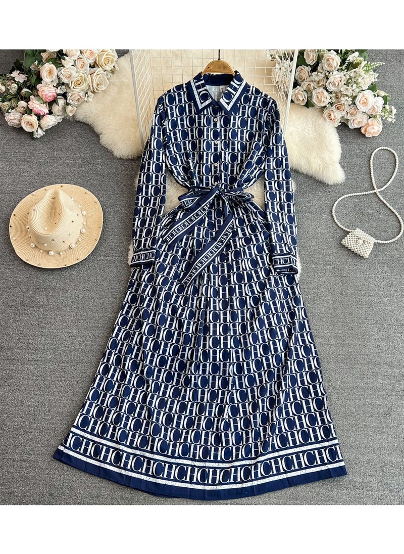 Retro Style Long Sleeved Lapel Cinched Waist Slimming A-Line Printed Shirt Dress