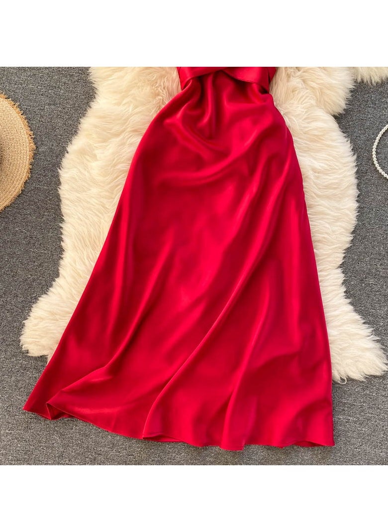 New High-End Cross V-neck Evening Gown Slim Fit Mid Length Skirt