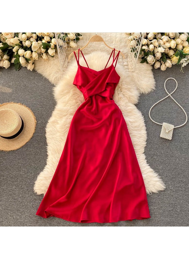 New High-End Cross V-neck Evening Gown Slim Fit Mid Length Skirt