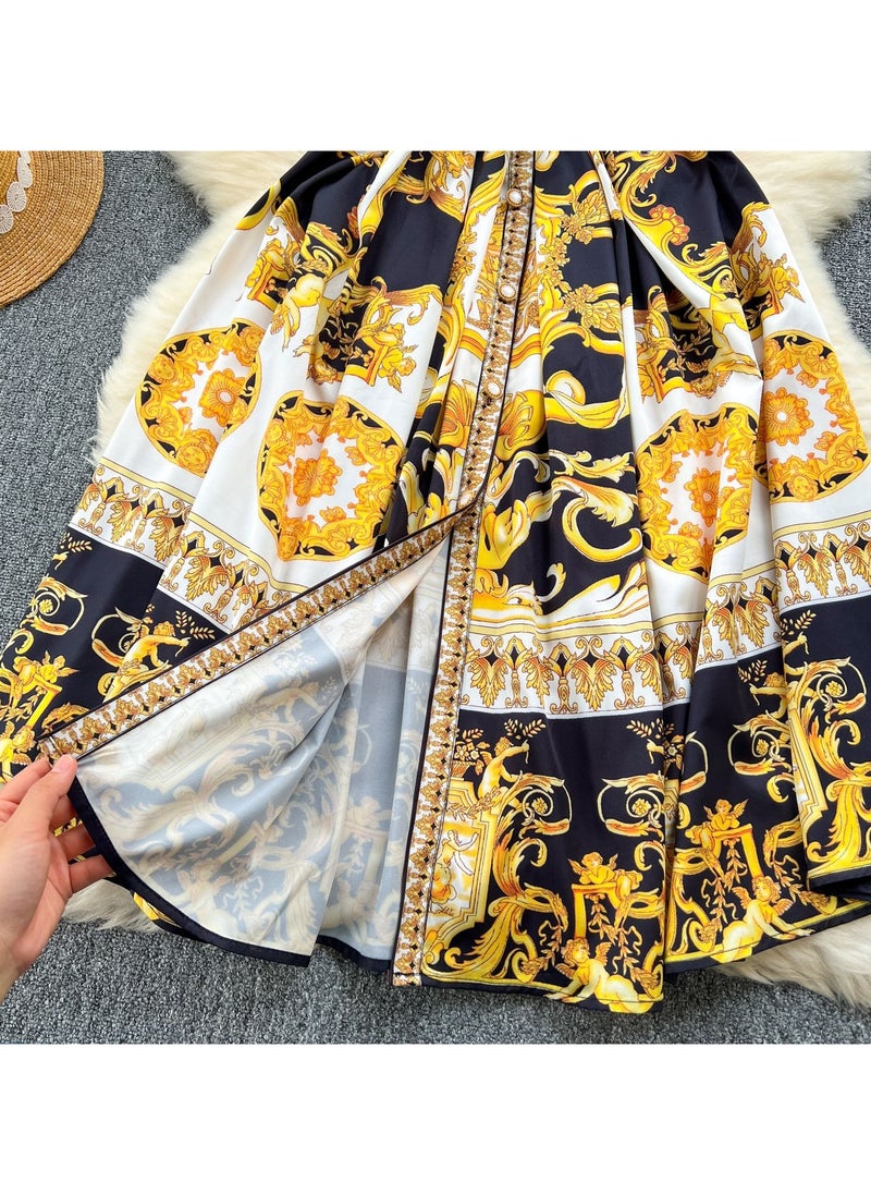 Retro Court Style Sleeveless Waist Cinching Slimming Printed Dress