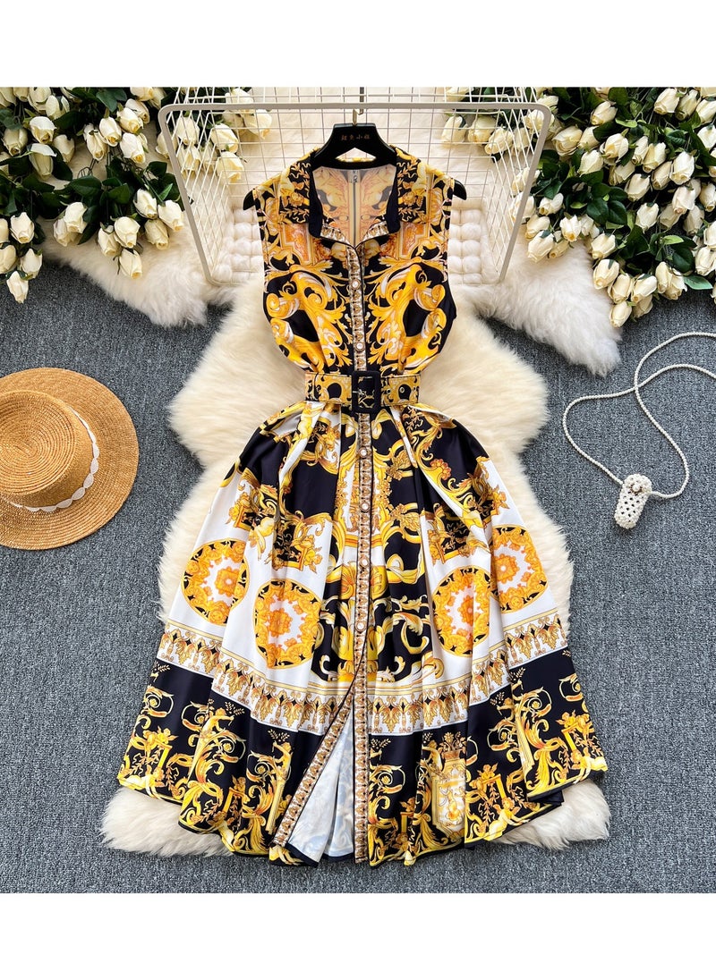 Retro Court Style Sleeveless Waist Cinching Slimming Printed Dress
