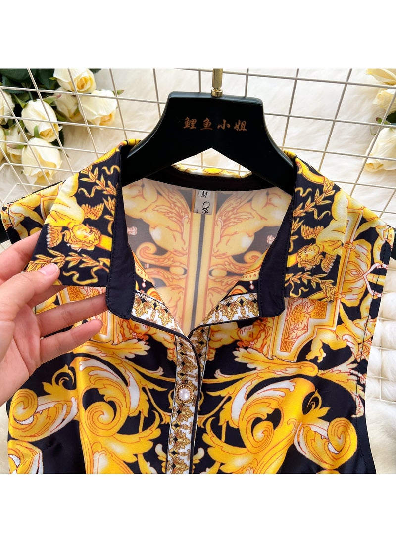 Retro Court Style Sleeveless Waist Cinching Slimming Printed Dress