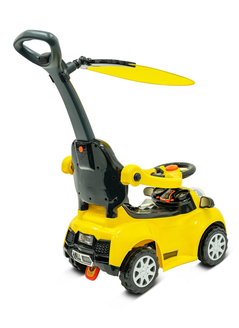 Lovely Baby Push Ride-On Car for Kids LB 7836HC with Music & Lights,Push handle bar & Sunshade Canopy, Safety Bracket – Ideal for Toddlers up to 3 Years - Yellow