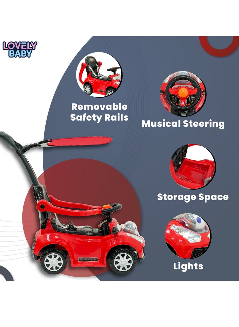 Lovely Baby Push Ride-On Car for Kids LB 7836HC with Music & Lights,Push handle bar & Sunshade Canopy, Safety Bracket – Ideal for Toddlers up to 3 Years - Red