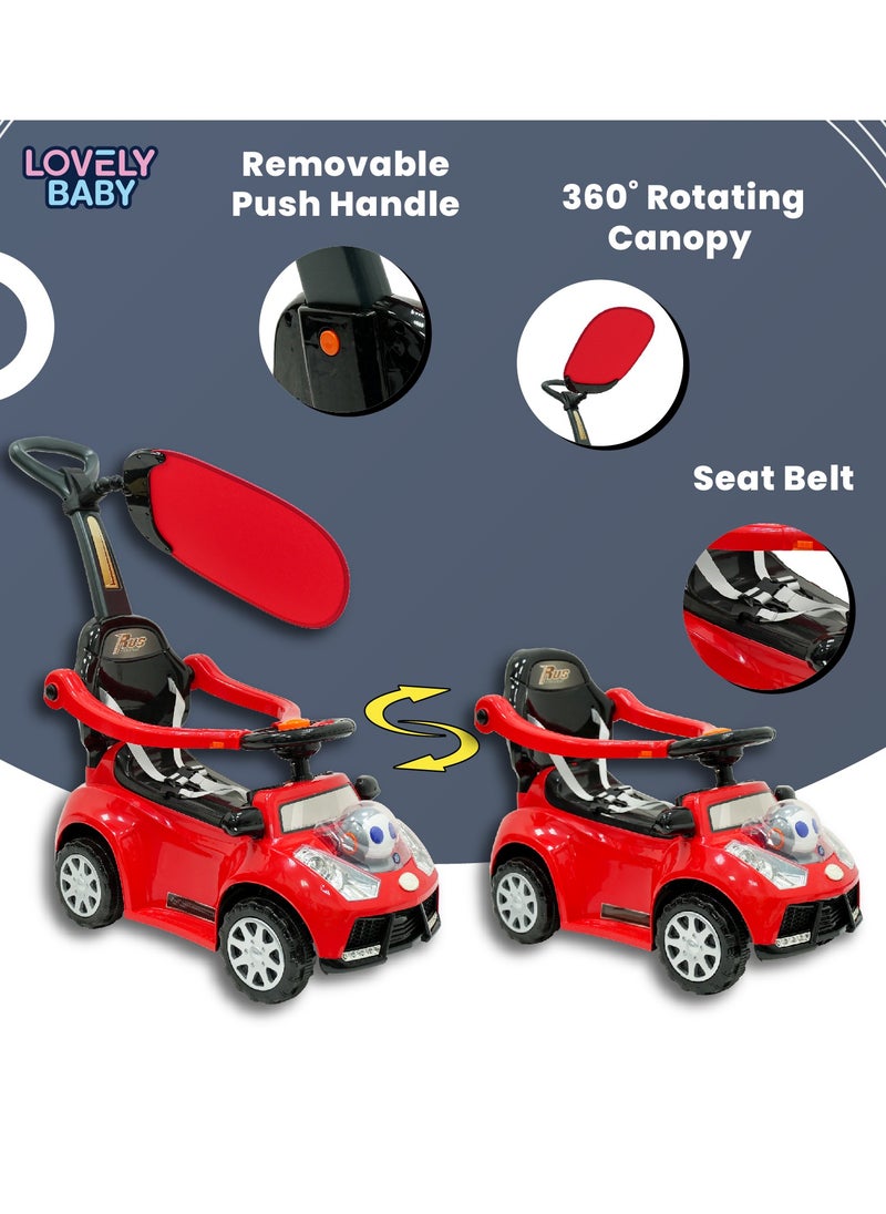 Lovely Baby Push Ride-On Car for Kids LB 7836HC with Music & Lights,Push handle bar & Sunshade Canopy, Safety Bracket – Ideal for Toddlers up to 3 Years - Red
