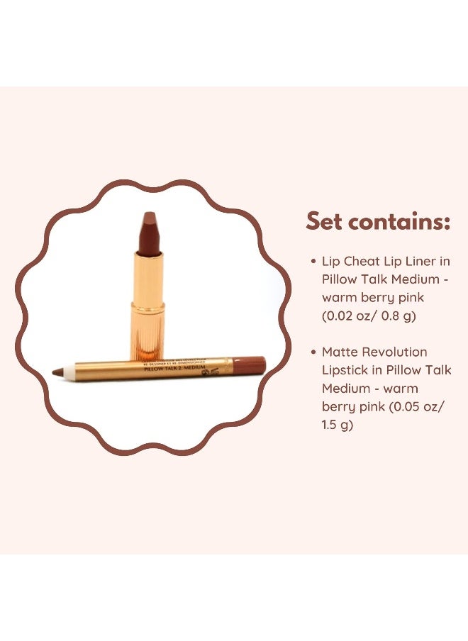 Mini Pillow Talk Duo Lip Kit Pillow Talk Medium - Travel Size Lip Makeup Set, Mini Lip Cheat Lip Liner And Mini Matte Revolution Lipstick, Long Lasting
