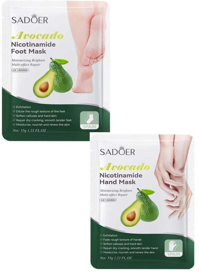 10 Pcs Avocado Nicotinamide Mask Set 5 Pcs Hand Massk and 5 Pcs Foot Masks Avocado Moisturizing Brightening Hydrating Nourishing Skin Exfoliation Hand Foot Mask Repair Soften Calluses and Hard Skin Hand Foot Exfoliate Mask