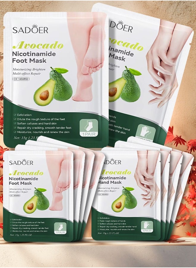 10 Pcs Avocado Nicotinamide Mask Set 5 Pcs Hand Massk and 5 Pcs Foot Masks Avocado Moisturizing Brightening Hydrating Nourishing Skin Exfoliation Hand Foot Mask Repair Soften Calluses and Hard Skin Hand Foot Exfoliate Mask