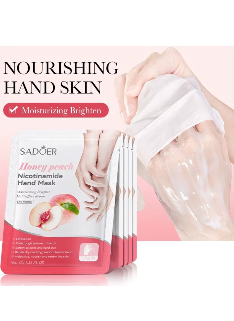 10 Pcs Honey Peach Nicotinamide Mask Set 5 Pcs Hand Mask and 5 Pcs Foot Mask Honey Peach Moisturizing Brightening Hydrating Nourishing Skin Exfoliation Hand Foot Mask Repair Soften Calluses and Hard Skin Hand Foot Exfoliate Mask
