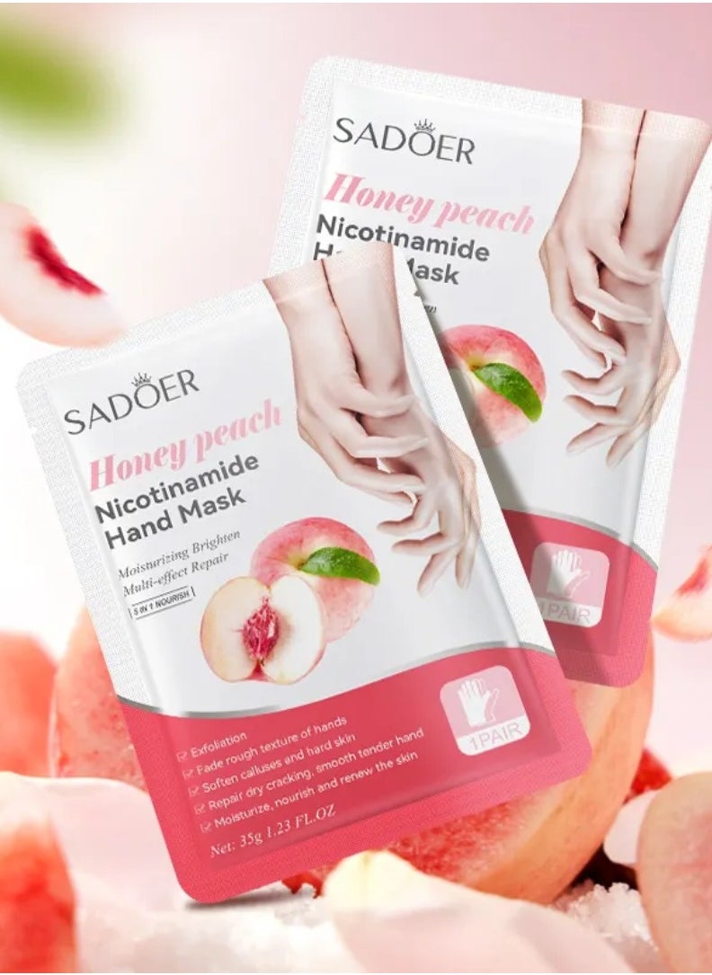 10 Pcs Honey Peach Nicotinamide Mask Set 5 Pcs Hand Mask and 5 Pcs Foot Mask Honey Peach Moisturizing Brightening Hydrating Nourishing Skin Exfoliation Hand Foot Mask Repair Soften Calluses and Hard Skin Hand Foot Exfoliate Mask