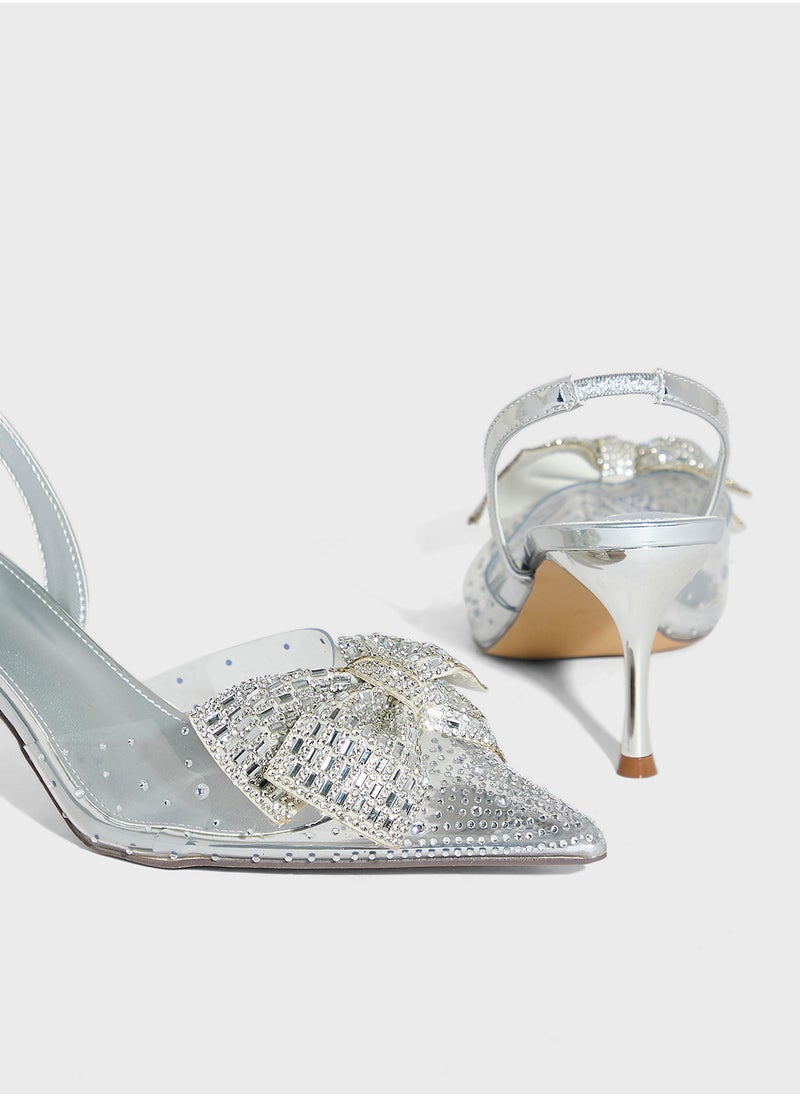 Diamante Bow Pointy Backstrap Pump