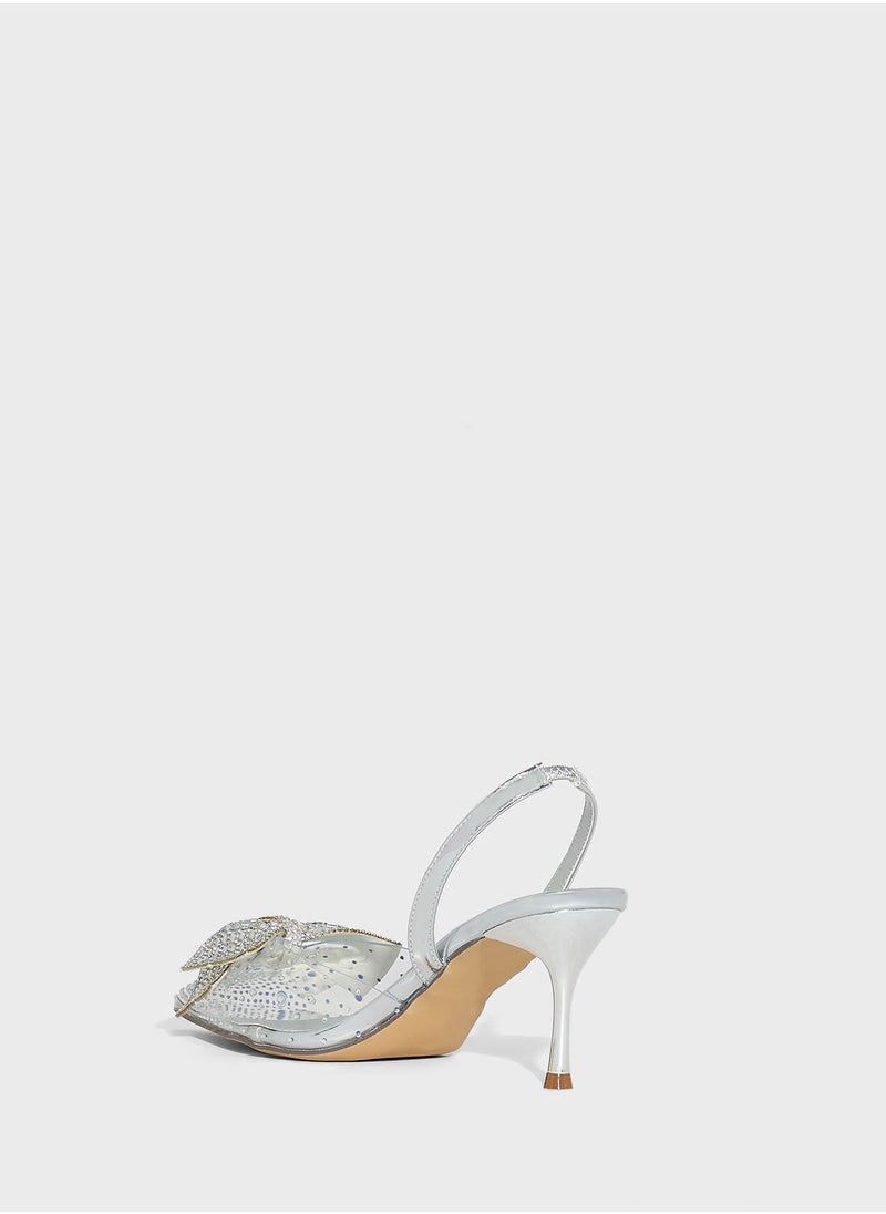 Diamante Bow Pointy Backstrap Pump