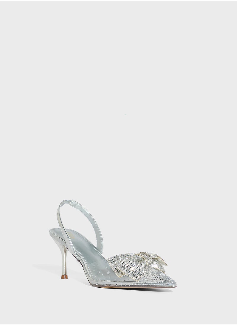 Diamante Bow Pointy Backstrap Pump