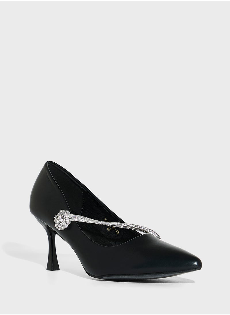 Diamante Floral Rose Strap Pointy Pump