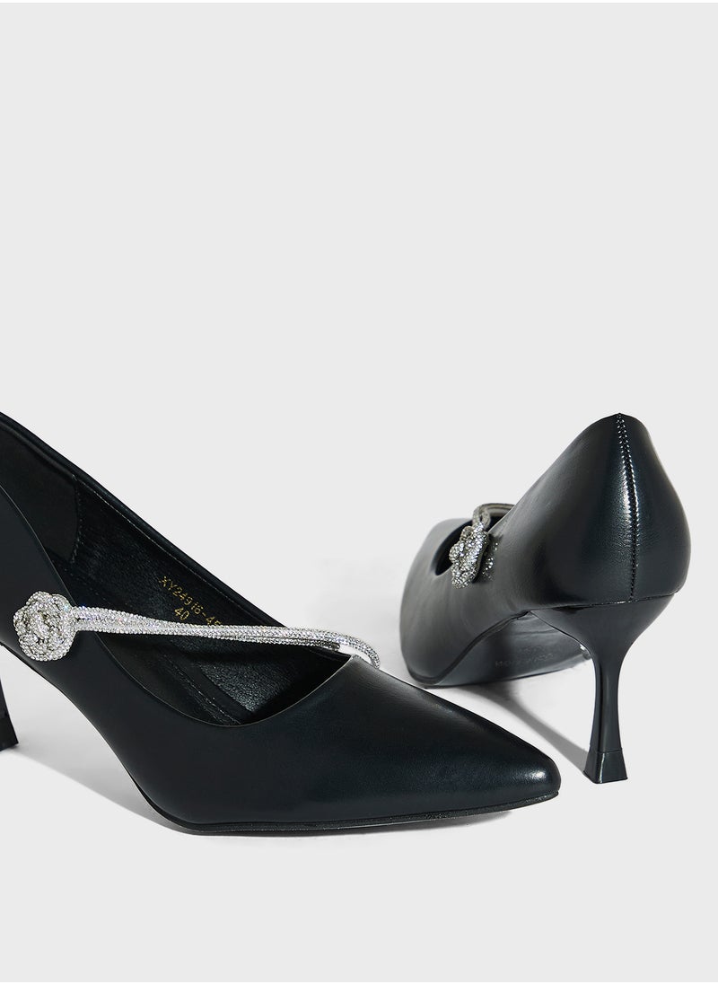 Diamante Floral Rose Strap Pointy Pump