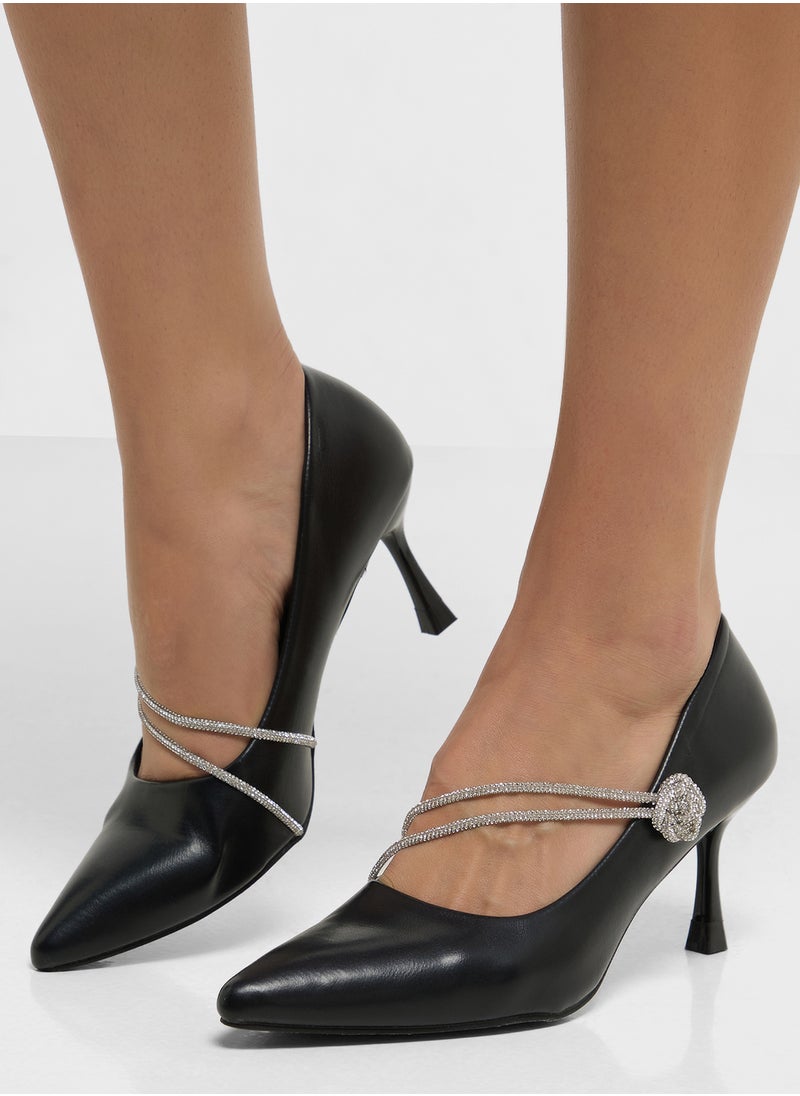 Diamante Floral Rose Strap Pointy Pump