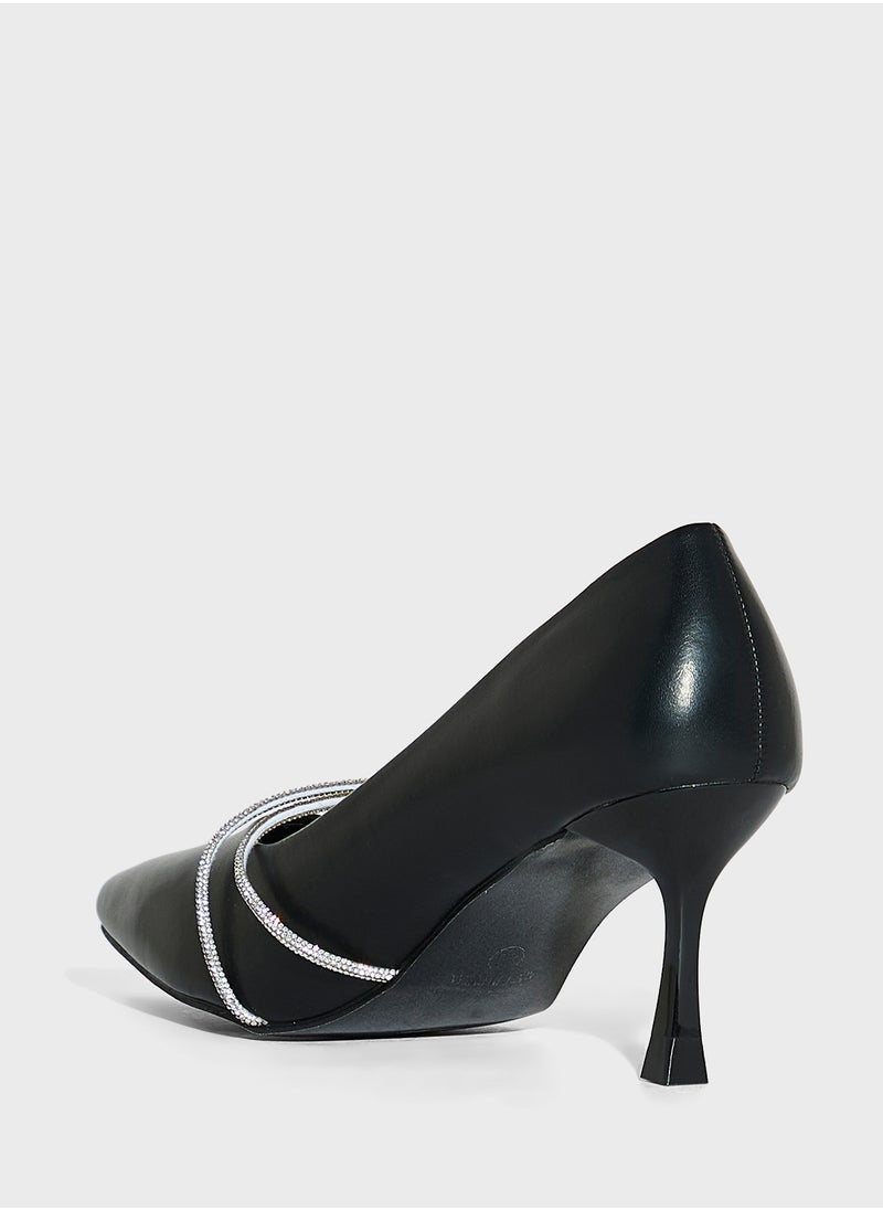 Diamante Floral Rose Strap Pointy Pump