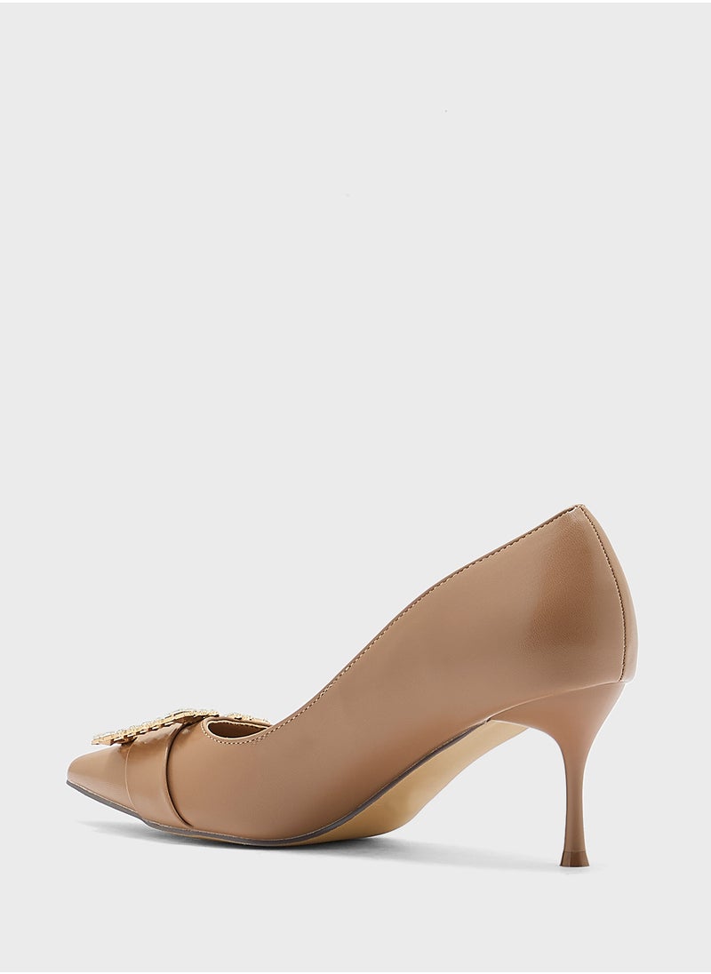 Diamante Trim Mid Heel Pointy Pump