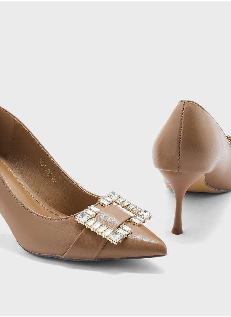 Diamante Trim Mid Heel Pointy Pump