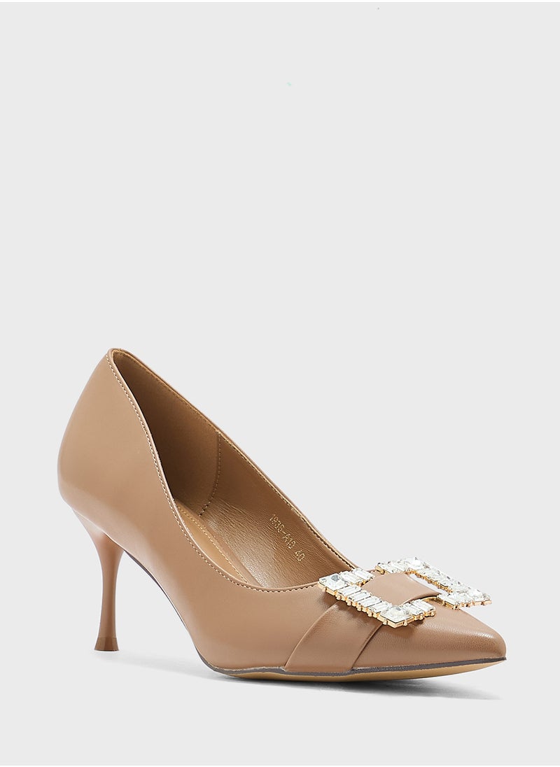 Diamante Trim Mid Heel Pointy Pump