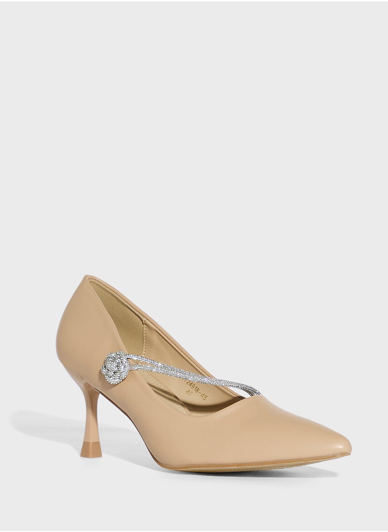 Diamante Floral Rose Strap Pointy Pump