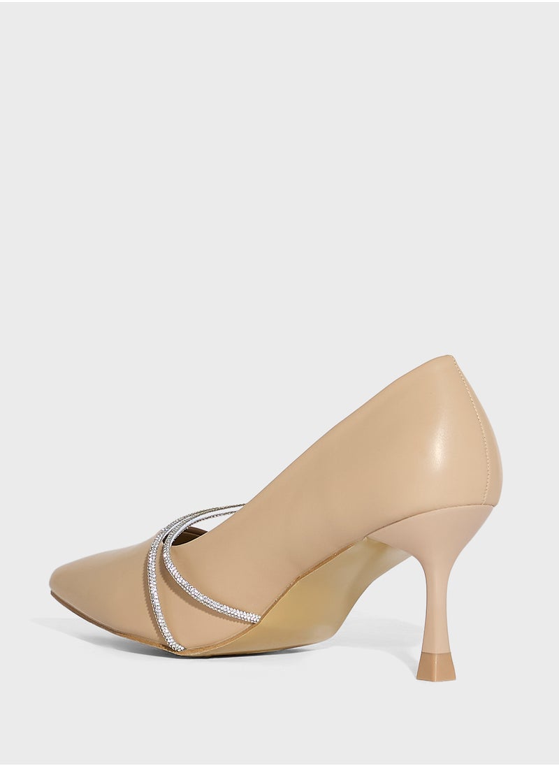 Diamante Floral Rose Strap Pointy Pump