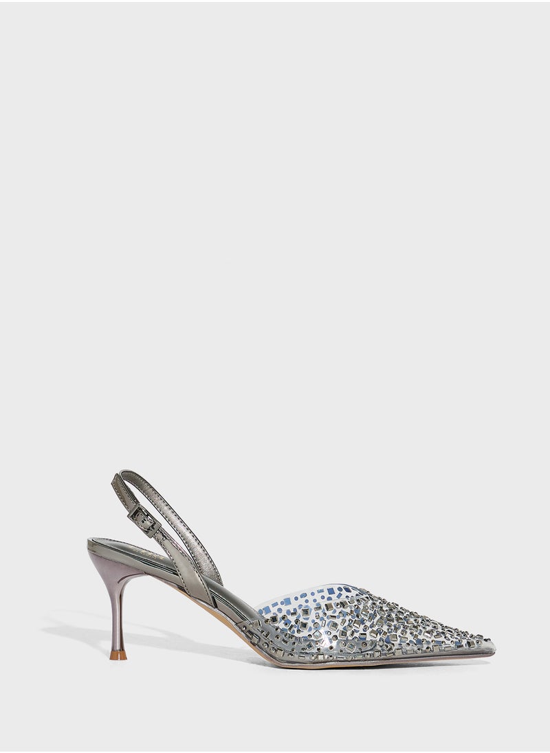 Diamante Clear Pointy Sling Back Pump