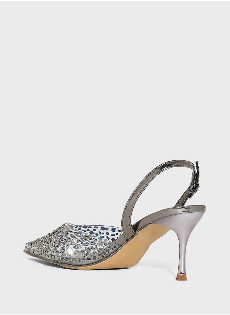 Diamante Clear Pointy Sling Back Pump