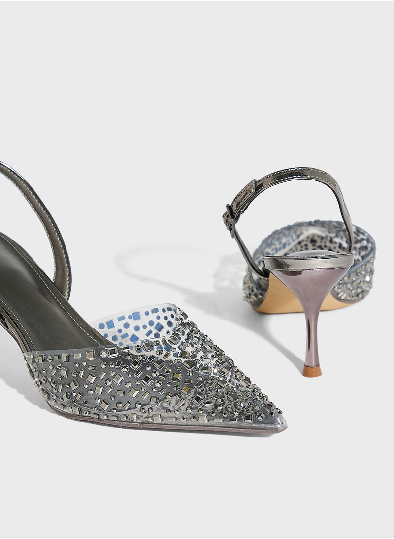 Diamante Clear Pointy Sling Back Pump