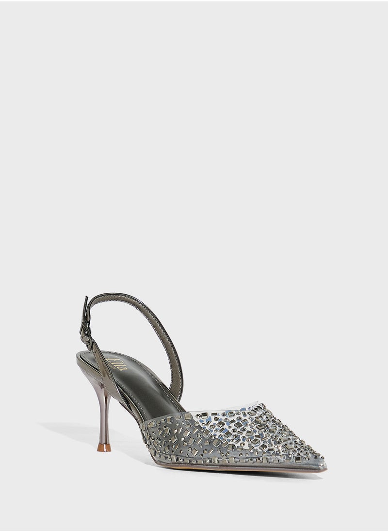 Diamante Clear Pointy Sling Back Pump