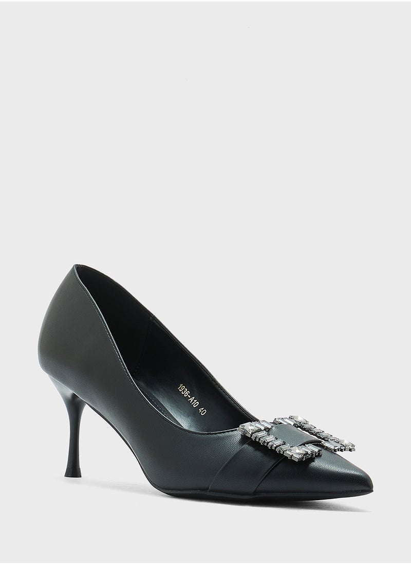 Diamante Trim Mid Heel Pointy Pump