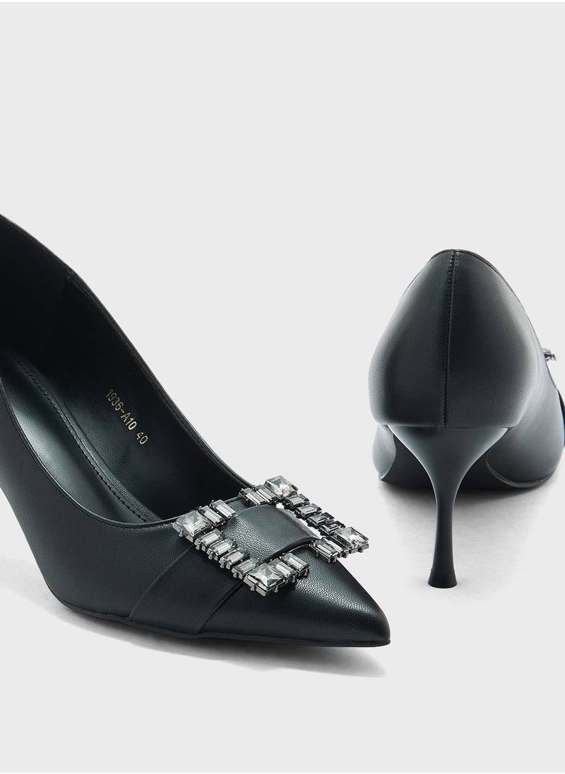 Diamante Trim Mid Heel Pointy Pump
