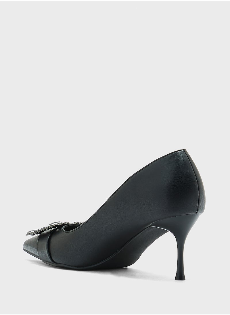 Diamante Trim Mid Heel Pointy Pump